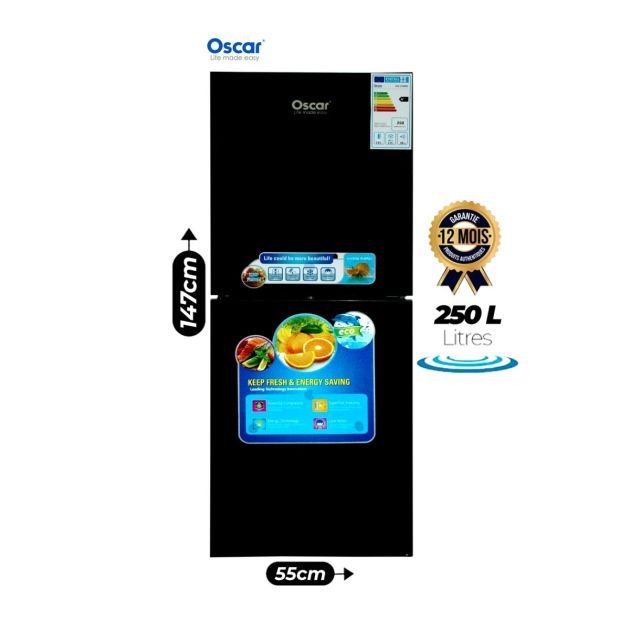 Double-Door Refrigerator – OSCAR – 250 Liters – OSC-250MB – With Glass Door – Black