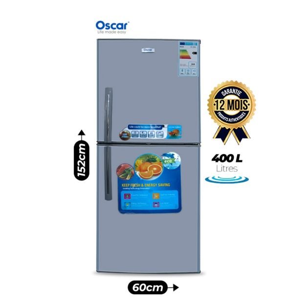 OSCAR Double-Door Refrigerator 400L – OSC-400SS | ST/T Climate Class, Grey