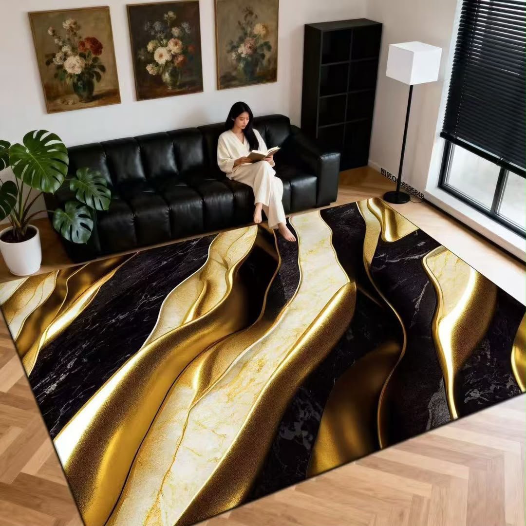 3D Gold & Black Fluid Waves Luxury Area Rug 200x300cm