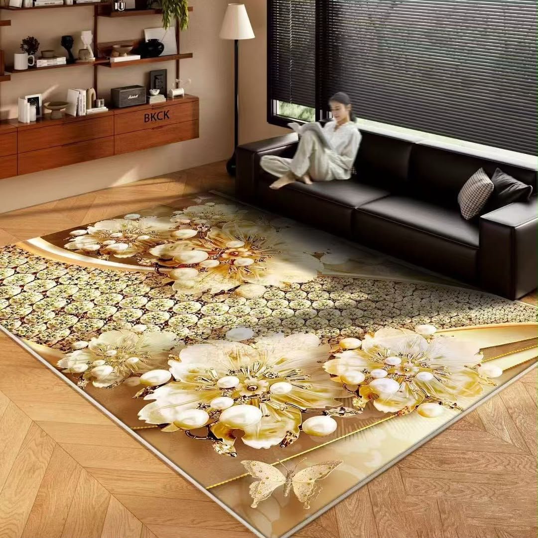 Japanese Zen Golden Ginkgo Leaf & Abstract Geometry Rug 160x200cm
