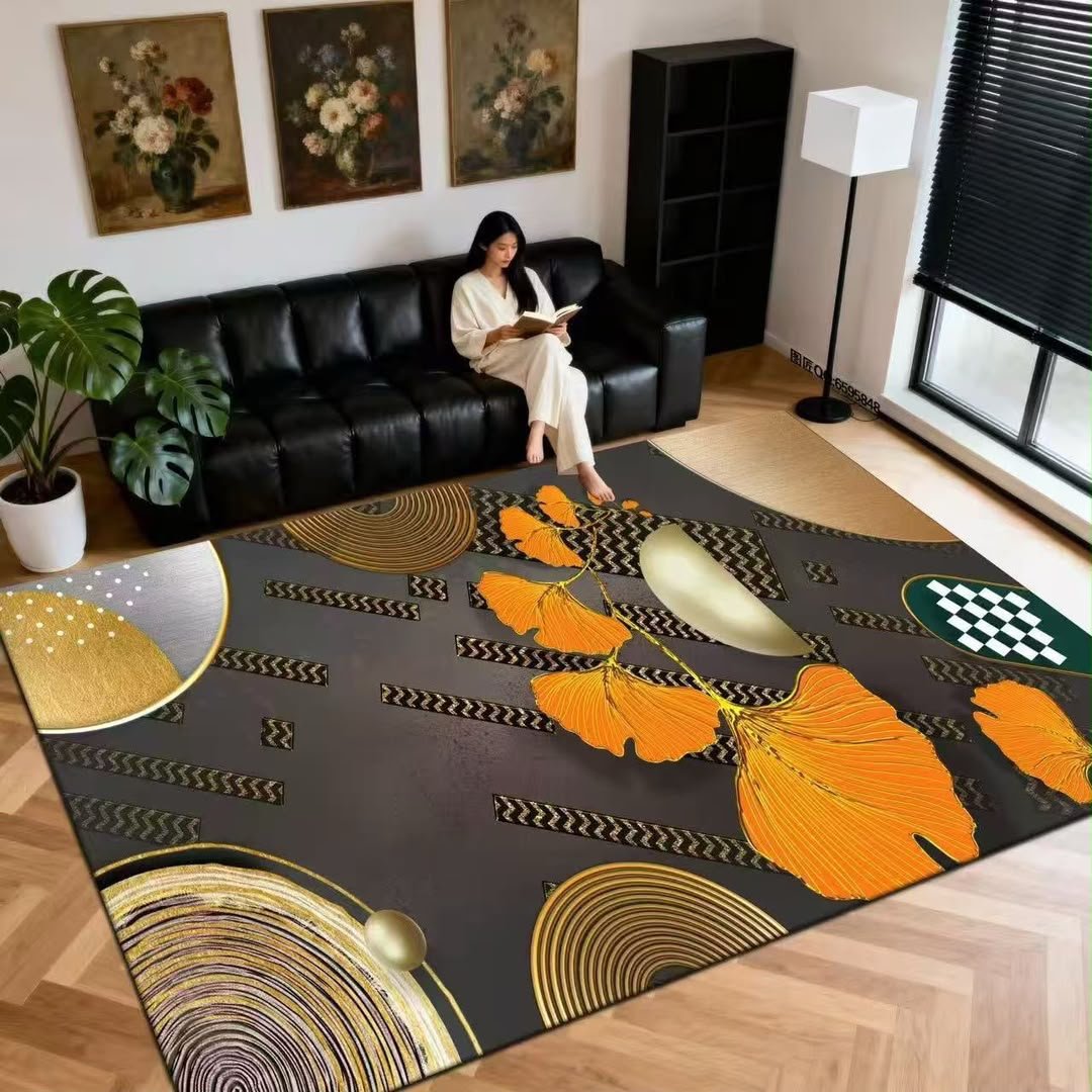 Boho Tribal Colorful Feathers & Golden Spheres Area Rug 160x200cm