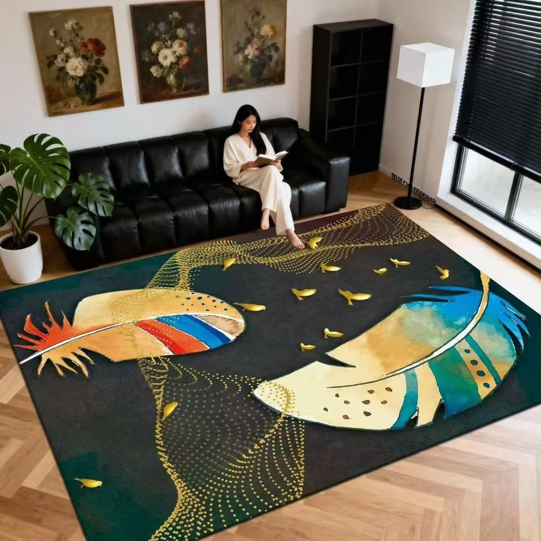Celestial Gold Birds & Tribal Feather Flight Area Rug 160x200cm