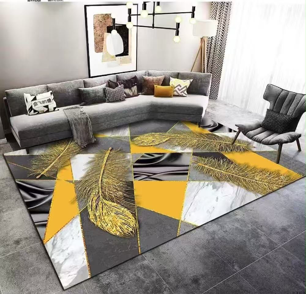 Geometric Golden Feathers & Marble Patchwork Area Rug 160x200cm