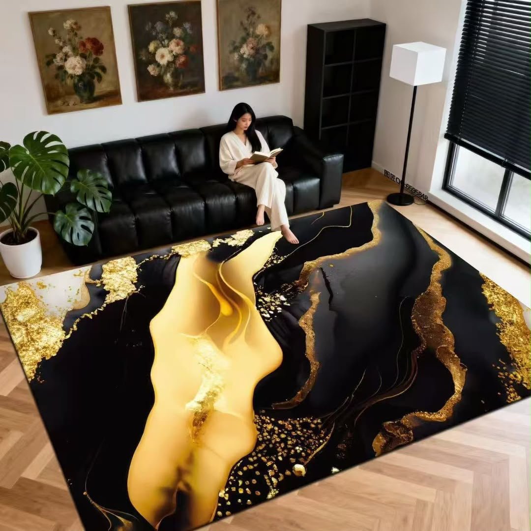 3D Liquid Gold & Obsidian Black Marble Luxury Rug 160x200cm