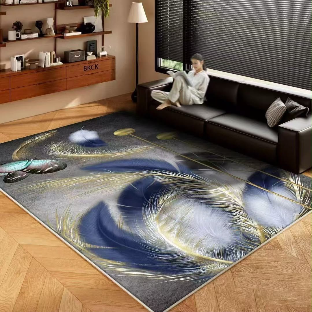 Dreamy Indigo Feather & Iridescent Butterfly Area Rug 160x200cm