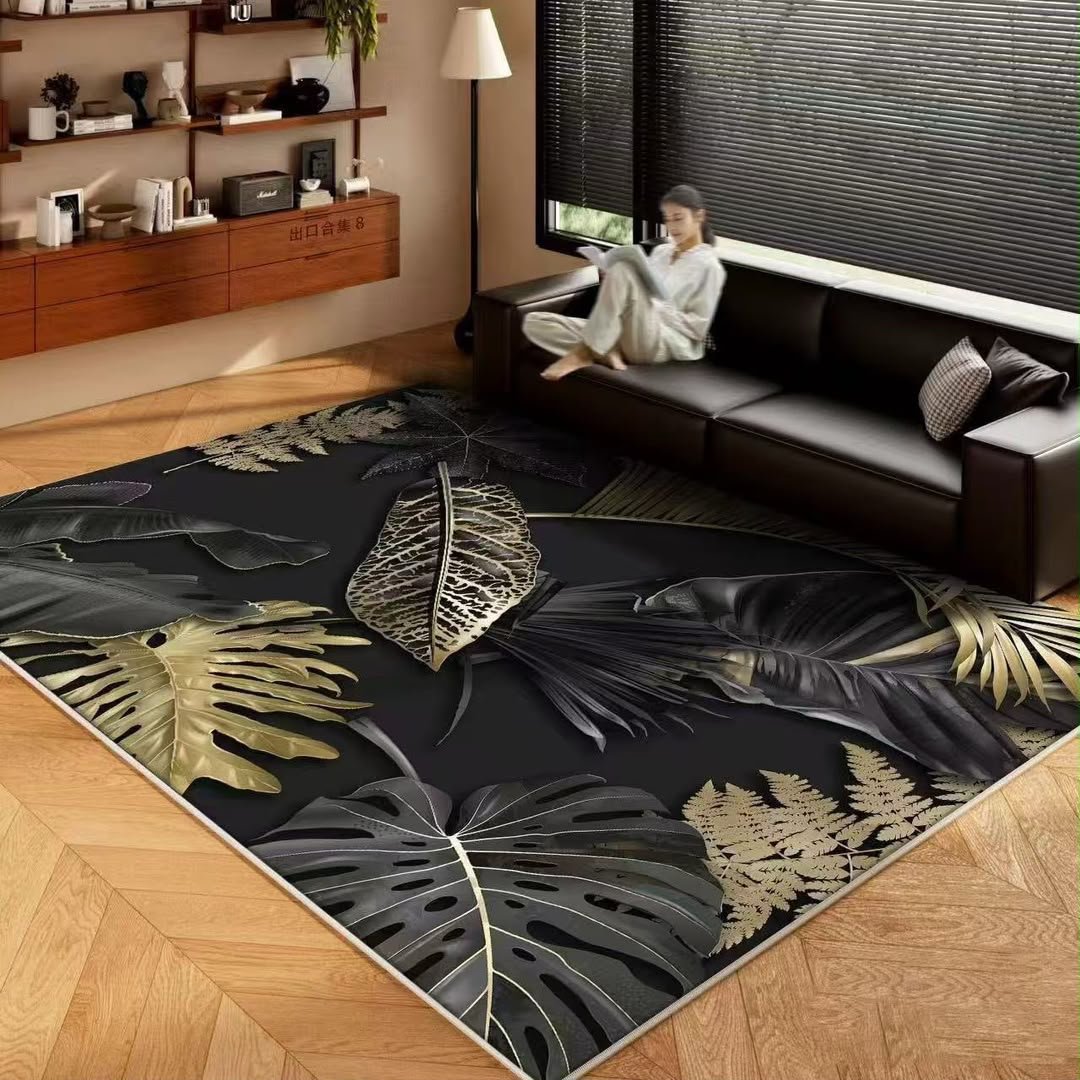 Tropical Midnight Monstera & Golden Palm Leaf Area Rug 160x200cm