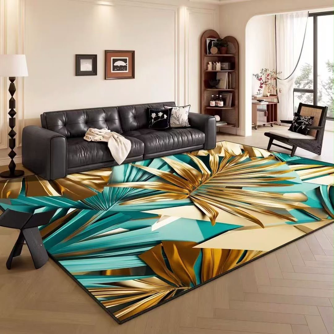 3D Emerald Teal & Metallic Gold Palm Fan Area Rug 160x200cm