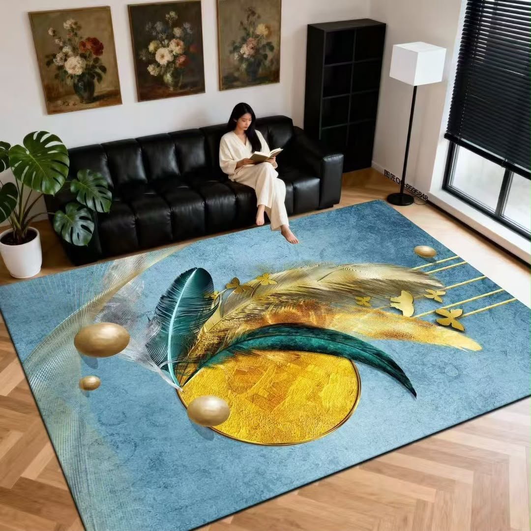 Celestial Golden Feather & Flying Birds Teal Area Rug 200x300cm