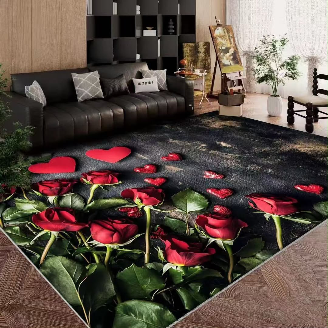 Romantic Red Roses & Hearts Modern Area Rug 200x300cm