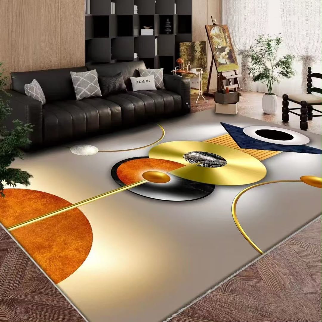 Luxury Gold & Black Marble Vein Living Room Rug